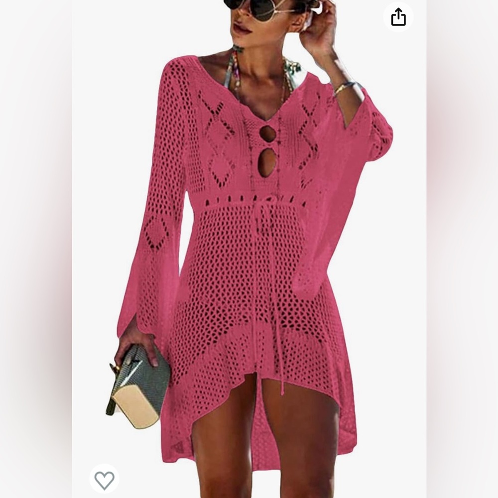 Women's Crochet Swim Coverup Tunic - Pink